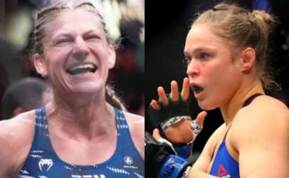 Two female athletes in blue tops split-screen: one smiling after a match, the other focused and preparing to throw a punch in a fight.