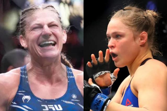 Two female athletes in blue tops split-screen: one smiling after a match, the other focused and preparing to throw a punch in a fight.