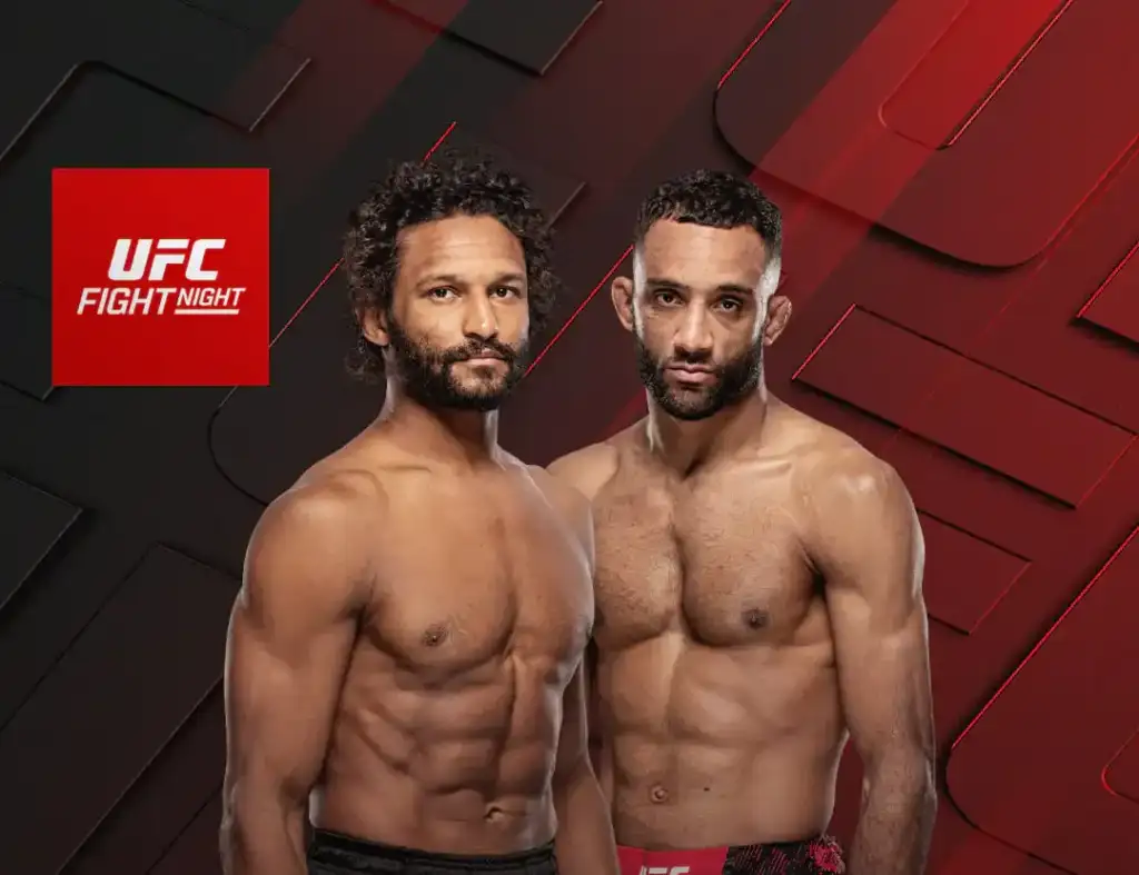 UFC Fight Night poster showing two shirtless male fighters posing side by side against a red-black geometric background.