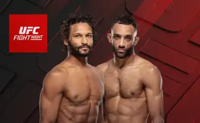 UFC Fight Night poster showing two shirtless male fighters posing side by side against a red-black geometric background.