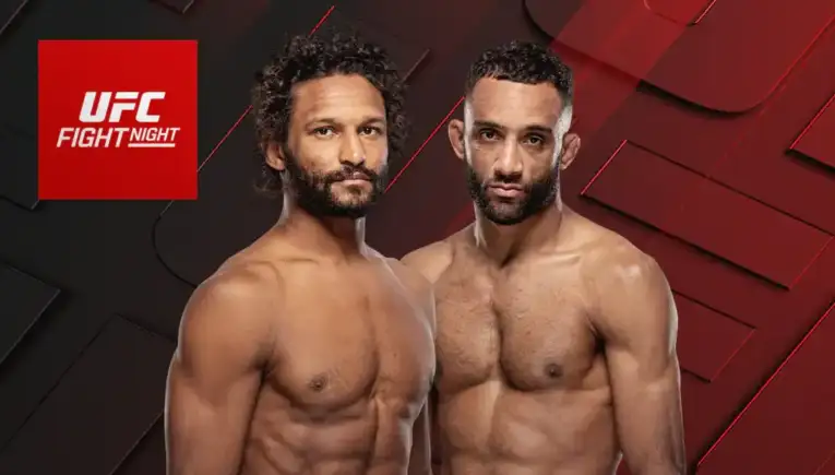 UFC Fight Night poster showing two shirtless male fighters posing side by side against a red-black geometric background.