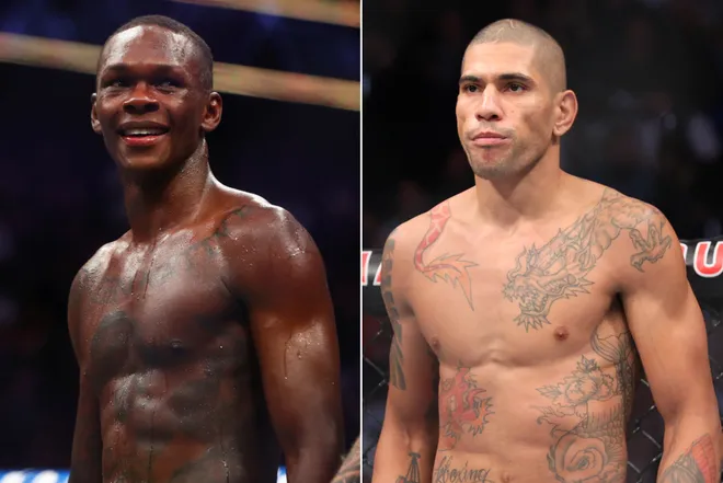 Side-by-side photo of two shirtless male boxers in a ring; left is dark-skinned and sweating with a smile, right is light-skinned with tattoos and a neutral expression.