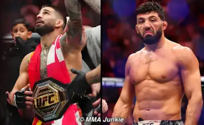 Side-by-side: left shows a bearded fighter with a UFC belt raised in victory; right shows a shirtless, disappointed-looking fighter in the ring.