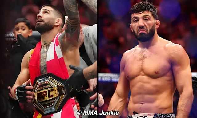 Side-by-side: left shows a bearded fighter with a UFC belt raised in victory; right shows a shirtless, disappointed-looking fighter in the ring.
