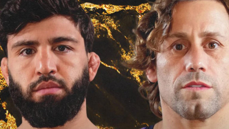 Two men with serious expressions stand side by side against a dark, lava‑like gold background.