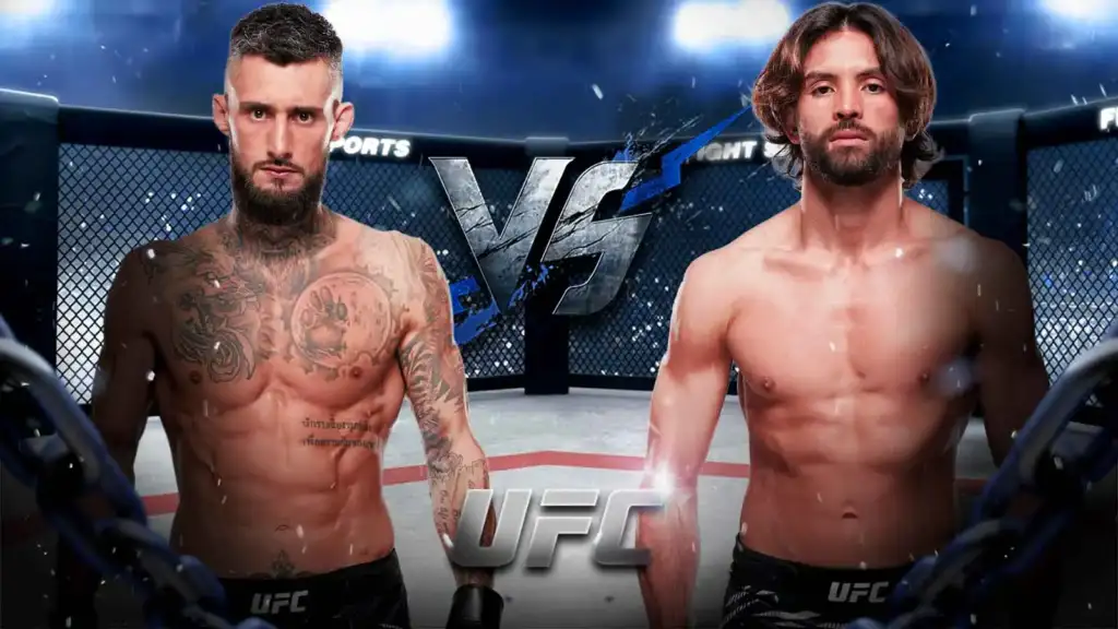 Two shirtless UFC fighters stand in the arena, facing off with a large VS graphic between them inside the cage.