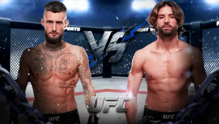Two shirtless UFC fighters stand in the arena, facing off with a large VS graphic between them inside the cage.