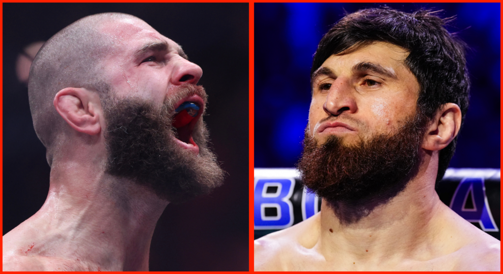 Side-by-side images of two bearded male boxers in a ring, both with intense expressions. Left boxer screams with mouth open and mouthguard visible; right boxer looks stern under arena lights.