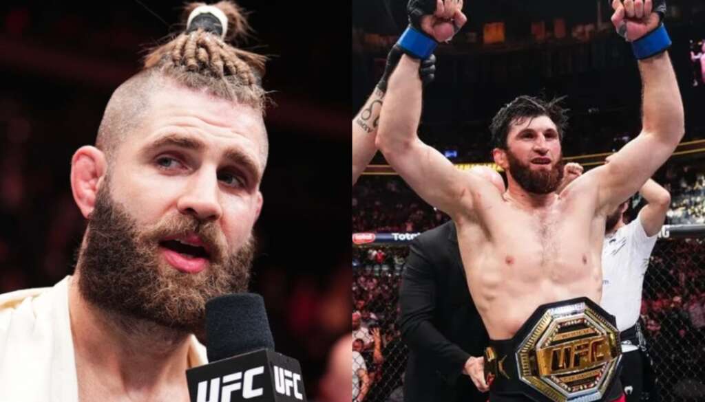 Split image: left a bearded UFC fighter being interviewed with a microphone; right a champion fighter raising arms with the UFC belt.
