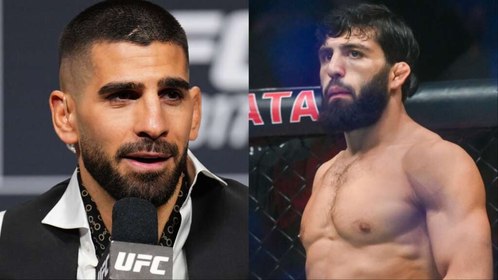 Two UFC fighters pictured side by side: on the left a man in a suit speaking into a microphone; on the right a shirtless bearded man inside a cage.