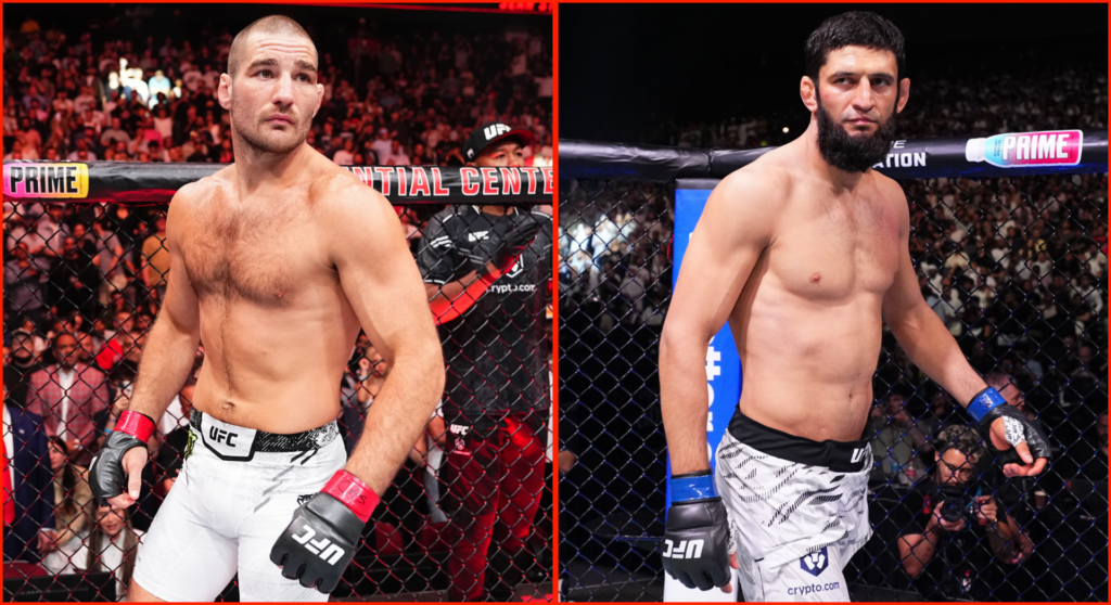 Two UFC fighters shown in a split-screen, shirtless and gloved, inside the fenced octagon with a cheering crowd in the background.