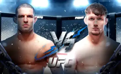 Two shirtless male fighters stand in a UFC octagon facing each other with a 'VS' logo between them, dramatic lighting behind.