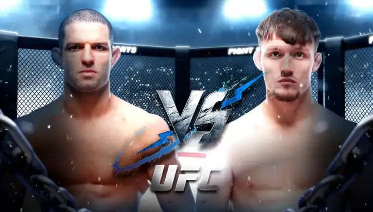 Two shirtless male fighters stand in a UFC octagon facing each other with a 'VS' logo between them, dramatic lighting behind.