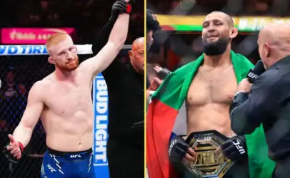 Left: red-haired UFC fighter with arm raised in victory as referee signals win; right: bearded fighter draped in Bulgarian flag, holding the UFC championship belt during an interview.
