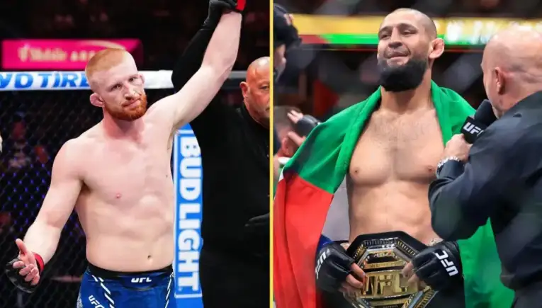 Left: red-haired UFC fighter with arm raised in victory as referee signals win; right: bearded fighter draped in Bulgarian flag, holding the UFC championship belt during an interview.