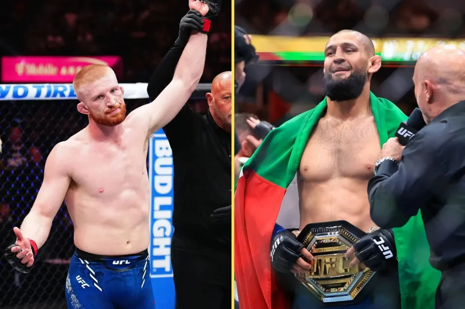 Left: red-haired UFC fighter with arm raised in victory as referee signals win; right: bearded fighter draped in Bulgarian flag, holding the UFC championship belt during an interview.