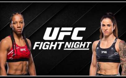 Two female UFC fighters stand on opposite sides of a UFC Fight Night banner, wearing sports bras, against a dark textured backdrop.