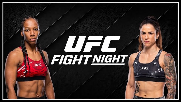 Two female UFC fighters stand on opposite sides of a UFC Fight Night banner, wearing sports bras, against a dark textured backdrop.