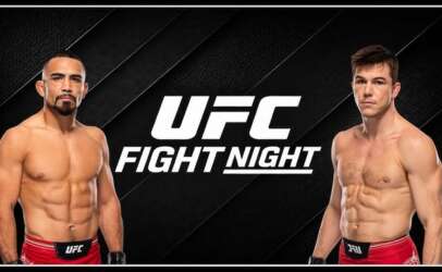 Two shirtless UFC fighters stand on opposite sides of a dark, textured background with a bold white 'UFC Fight Night' logo in the center.