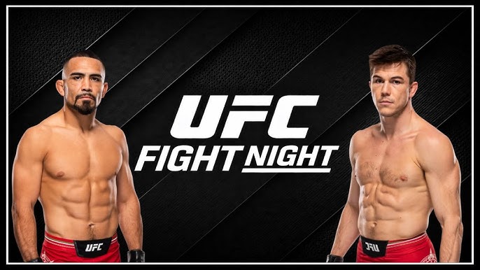 Two shirtless UFC fighters stand on opposite sides of a dark, textured background with a bold white 'UFC Fight Night' logo in the center.