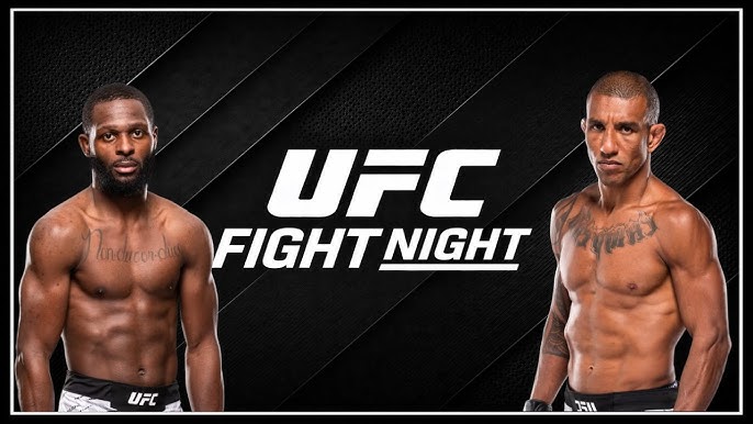 Two shirtless male UFC fighters stand on either side of a bold 'UFC Fight Night' poster.