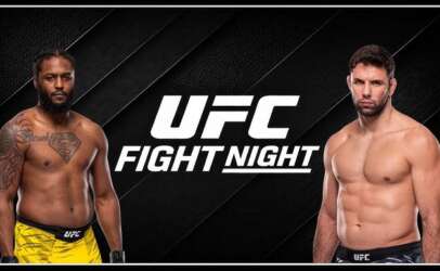 Promotional UFC Fight Night banner featuring two male fighters on opposite sides with a central UFC Fight Night logo on a dark geometric background.