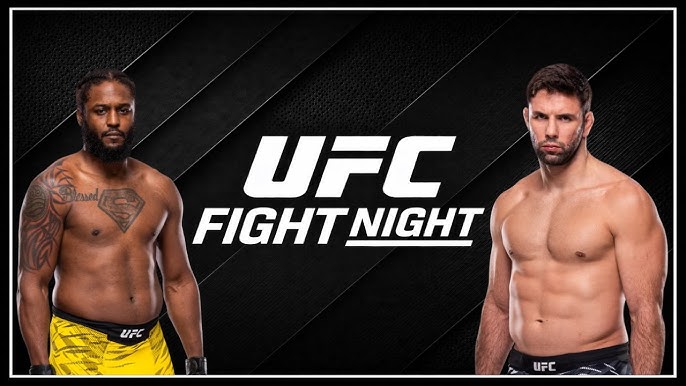 Promotional UFC Fight Night banner featuring two male fighters on opposite sides with a central UFC Fight Night logo on a dark geometric background.