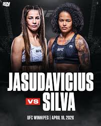 UFC Winnipeg poster announcing Jasudavicius vs Silva on April 18, 2026, featuring both fighters in athletic wear.