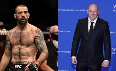 Left: tattooed, shirtless UFC fighter in the cage with red gloves; right: bald man in a dark suit standing against a blue press backdrop.