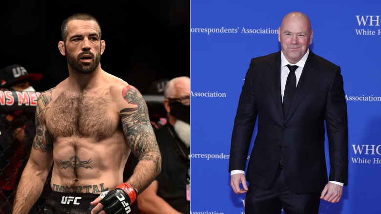 Left: tattooed, shirtless UFC fighter in the cage with red gloves; right: bald man in a dark suit standing against a blue press backdrop.