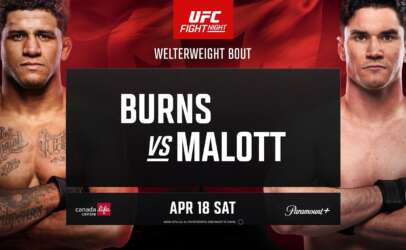 Promotional UFC Fight Night poster: Burns vs Malott, two shirtless fighters facing forward with bold text overlay against a red background.