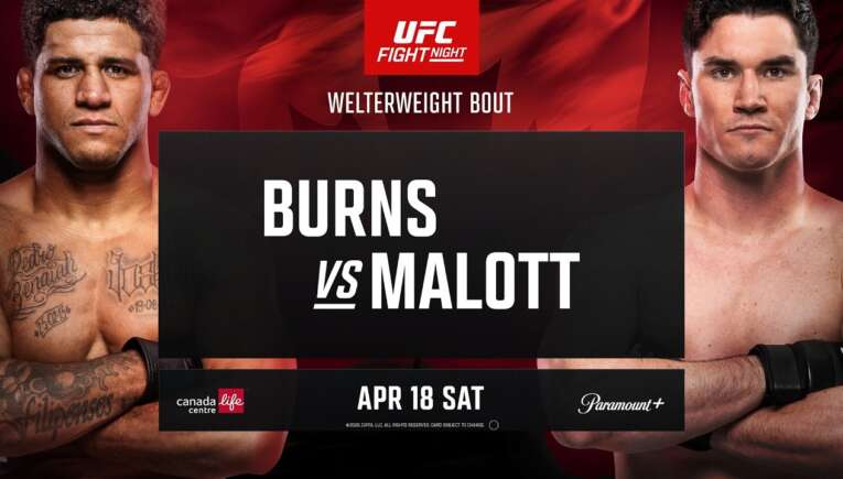 Promotional UFC Fight Night poster: Burns vs Malott, two shirtless fighters facing forward with bold text overlay against a red background.