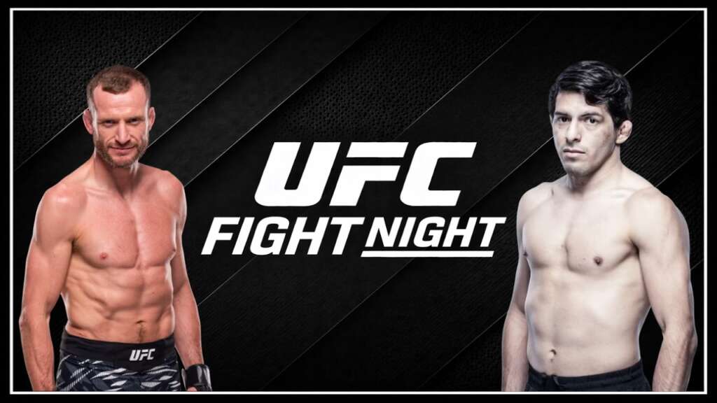 Promotional UFC Fight Night banner with two shirtless male fighters on a dark, textured background.