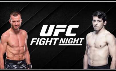 Promotional UFC Fight Night banner with two shirtless male fighters on a dark, textured background.