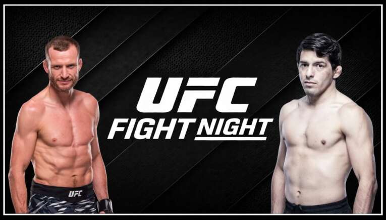 Promotional UFC Fight Night banner with two shirtless male fighters on a dark, textured background.