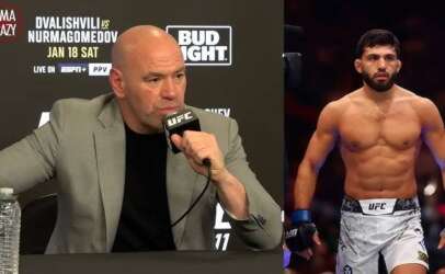 Dana White at a UFC press conference on the left, speaking into a microphone; on the right, a shirtless UFC fighter in white shorts and blue gloves inside the octagon.