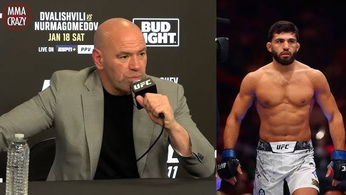 Dana White at a UFC press conference on the left, speaking into a microphone; on the right, a shirtless UFC fighter in white shorts and blue gloves inside the octagon.