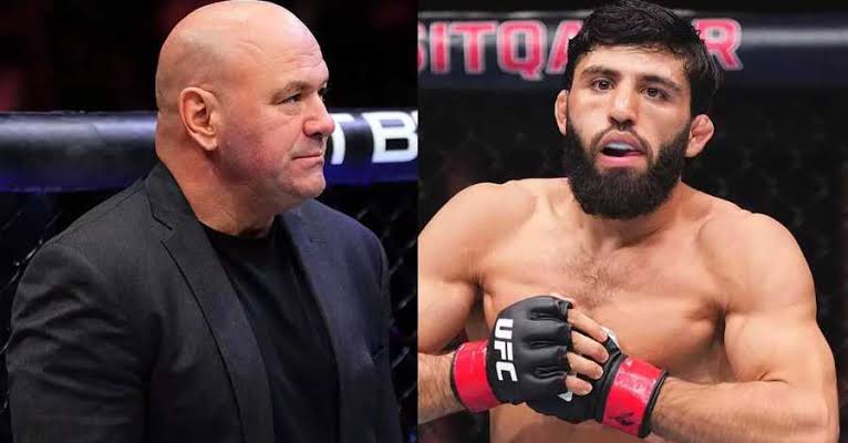 Split-image: a bald man in a dark suit on the left and a shirtless mixed martial artist wearing UFC gloves on the right in a fighting cage.