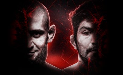 Two male fighters face forward, split down the middle, set against a red, grungy black background with scratches and dramatic lighting.