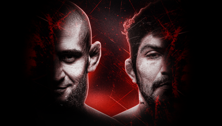 Two male fighters face forward, split down the middle, set against a red, grungy black background with scratches and dramatic lighting.