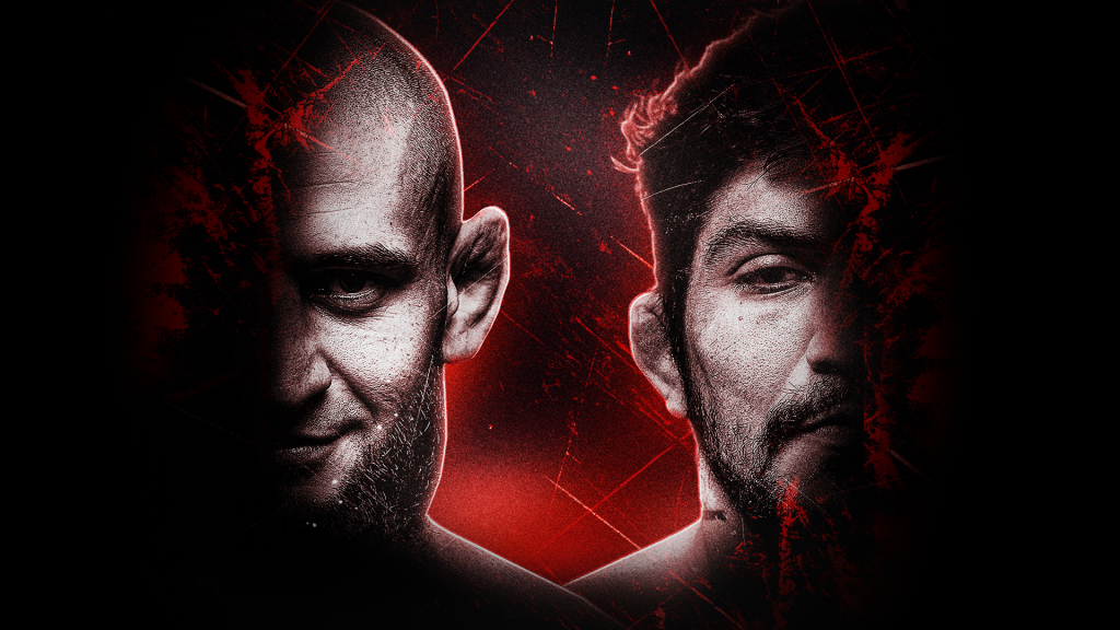 Two male fighters face forward, split down the middle, set against a red, grungy black background with scratches and dramatic lighting.