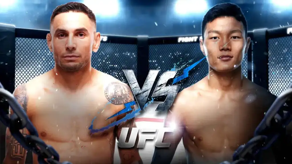 Two shirtless MMA fighters face off inside a cage with a bold VS graphic between them, UFC branding visible in the center.