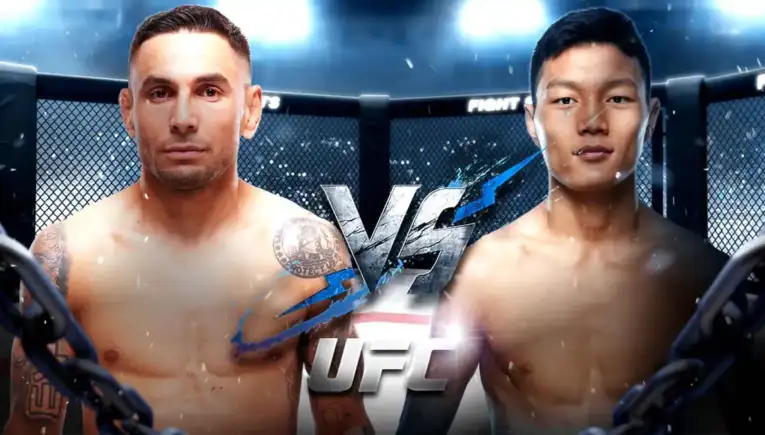 Two shirtless MMA fighters face off inside a cage with a bold VS graphic between them, UFC branding visible in the center.