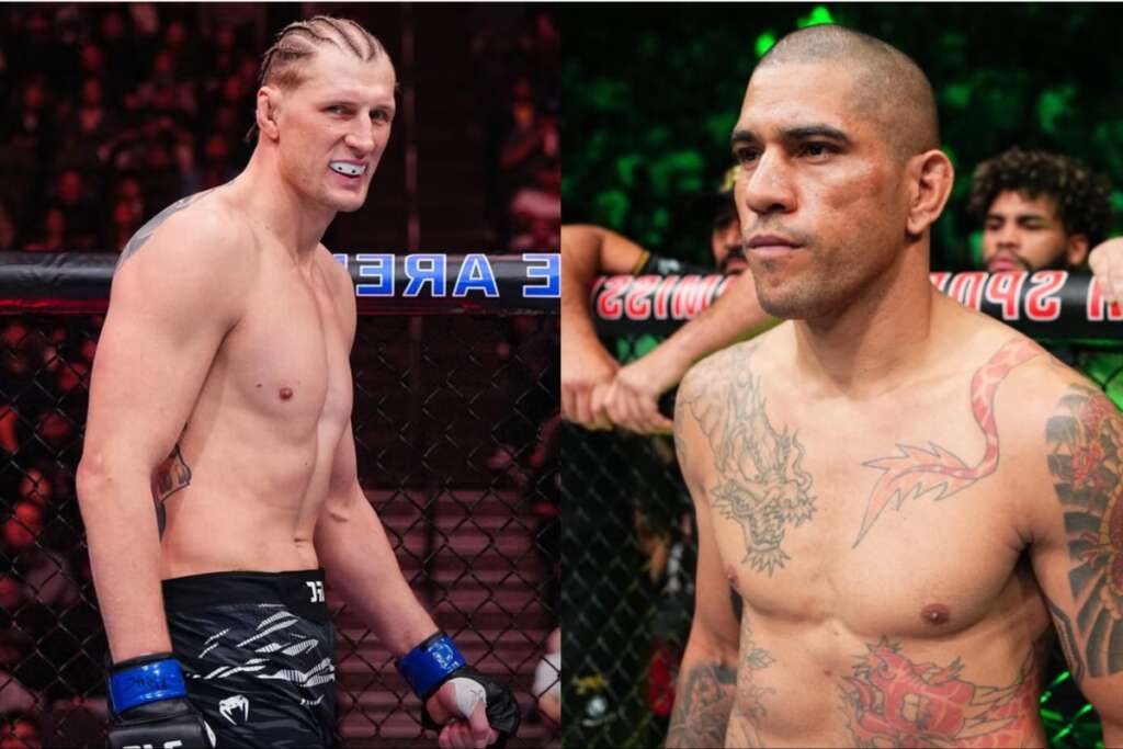 Split image of two male mixed martial artists in a cage: left, a blond-wigged fighter with cornrows wearing blue gloves and black shorts; right, a tattooed fighter with a shaved head and dragon tattoos, standing in the opposite corner.