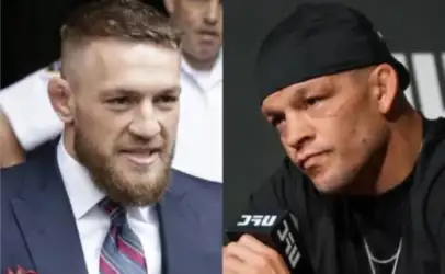 Side-by-side photos of two men: on the left, a man in a navy suit and striped tie; on the right, a man in a black outfit with a bandana, holding a microphone.