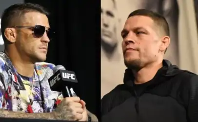 Two UFC fighters side by side: left, a man in sunglasses speaks into a UFC microphone; right, a man in a black hoodie watches.
