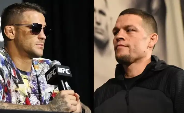 Two UFC fighters side by side: left, a man in sunglasses speaks into a UFC microphone; right, a man in a black hoodie watches.