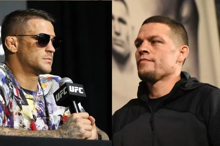 Two UFC fighters side by side: left, a man in sunglasses speaks into a UFC microphone; right, a man in a black hoodie watches.