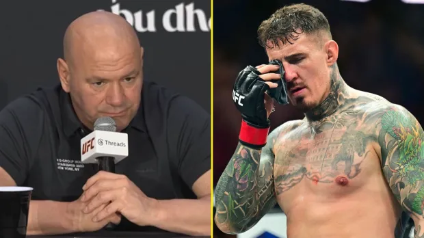Split-screen: left—bald UFC official speaks into a microphone at a press conference; right—tattooed, shirtless fighter wiping sweat from his eye.