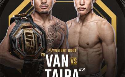 UFC 327 poster featuring two shirtless fighters, one with a championship belt, facing the camera for the Van vs. Taira bout on April 11.